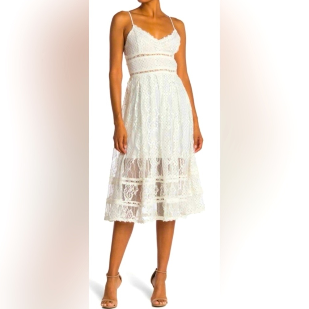 NSR Strappy Micro Dot Fit & Flare Midi Dress White w Black Lace Insets Dot